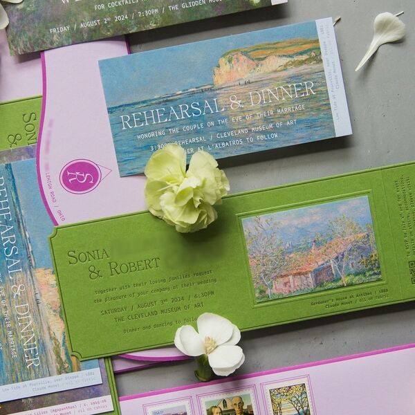 You can be thematic without being gimmicky. This Cleveland Museum of Art wedding was a colorful play on exhibition tickets for each event and included a custom-made envelope and framed postage stamps. 
@lightbulbleague 
Some details blurred for privacy.
.
.
.
#museumwedding #artfulwedding #artwedding #clevelandmuseumofart #weddings #weddinginvitations #weddinginvites #weddingpaper #colorfulwedding #stationery #paperdesign #graphicdesign #invitations #letterpress